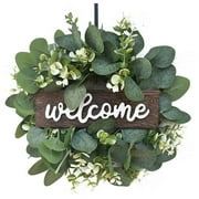 Aimik Welcome Simulation Wreath Door Decoration Eucalyptus Leaf Wreath Ideal Spring \u0026 Summer Decorating for Indoor \u0026 Outdoor Use 12 inch